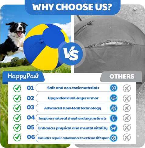 Happypaw 3.0 ترقية كرة الرعي للكلاب مقاس 18 بوصة - مقاومة معززة للمضغ ومواد شديدة التحمل، لعبة للكلاب معدات خفة الحركة للرعاة الأستراليين، كولي، تتضمن 5 رقع إصلاح in Kuwait