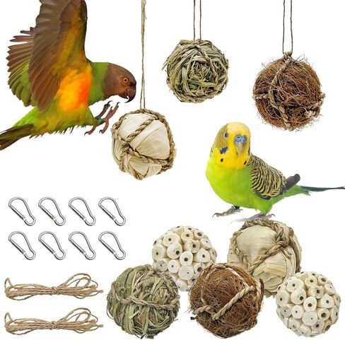 BNOSDM 8PCS Natural Bird Chew Toys Sola Balls Shred Toy Lightweight Conure Foot Toy Interactive Parrot Foraging Toys Bird Chew Balls with Hemp Rope Hook for Budgies Cockatiels Parakeets Senegal in Kuwait