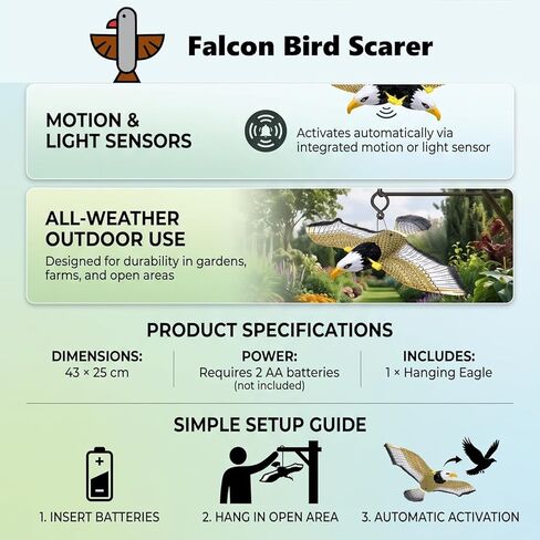 Falcon Bird Scarer, Realistic Sound Deterrent for Effective Bird Control, Hanging Eagle Decoy, Weatherproof Solar-Powered Design, for Gardeners, Farmers, Parks, Farms, Backyards, O in Kuwait