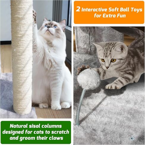 43.7 Inch Multi-Level Cat Tree Tower with 2 Plush Condos, Top Perch, 2 Interactive Pom-Pom Balls, Sisal Scratching Posts - Sturdy Cat Tower Furniture for Kittens and Cats in Kuwait