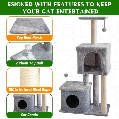 43.7 Inch Multi-Level Cat Tree Tower with 2 Plush Condos, Top Perch, 2 Interactive Pom-Pom Balls, Sisal Scratching Posts - Sturdy Cat Tower Furniture for Kittens and Cats in Kuwait