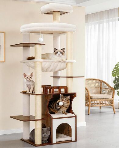 Gitelsnour Cat Tree, 70.9 Inch Wood Cat Tower for Large Cats Adult, Modern Cat Furniture with Double-Layer Wooden Cat Condo, 2 Platforms, Large Hammock and Scratching Posts, Walnut GCT102WB in Kuwait