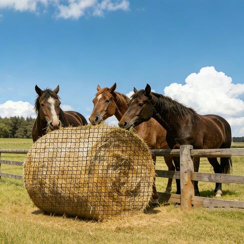 6x6ft Polyester Round Bale Hay Net Knotless Slow Feed Hay Net with 1 3/4" Holes and 5mm Thick, for Round Bales 4x4-6x6/square Bales 3x3x8-4x4x8, with 66ft Repair Rope Weaving Needle Shuttle in Kuwait