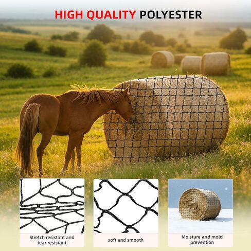 6x6ft Polyester Round Bale Hay Net Knotless Slow Feed Hay Net with 1 3/4" Holes and 5mm Thick, for Round Bales 4x4-6x6/square Bales 3x3x8-4x4x8, with 66ft Repair Rope Weaving Needle Shuttle in Kuwait