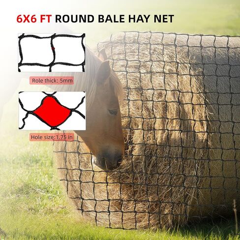 6x6ft Polyester Round Bale Hay Net Knotless Slow Feed Hay Net with 1 3/4" Holes and 5mm Thick, for Round Bales 4x4-6x6/square Bales 3x3x8-4x4x8, with 66ft Repair Rope Weaving Needle Shuttle in Kuwait