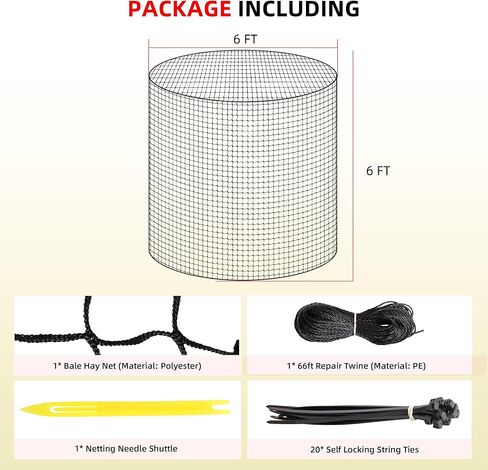 6x6ft Polyester Round Bale Hay Net Knotless Slow Feed Hay Net with 1 3/4" Holes and 5mm Thick, for Round Bales 4x4-6x6/square Bales 3x3x8-4x4x8, with 66ft Repair Rope Weaving Needle Shuttle in Kuwait
