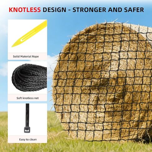 6x6ft Polyester Round Bale Hay Net Knotless Slow Feed Hay Net with 1 3/4" Holes and 5mm Thick, for Round Bales 4x4-6x6/square Bales 3x3x8-4x4x8, with 66ft Repair Rope Weaving Needle Shuttle in Kuwait