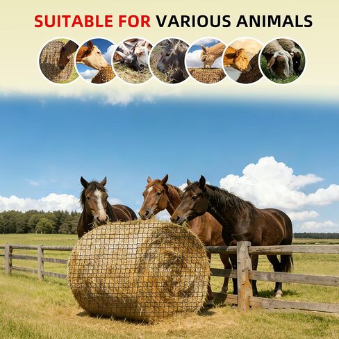 6x6ft Polyester Round Bale Hay Net Knotless Slow Feed Hay Net with 1 3/4" Holes and 5mm Thick, for Round Bales 4x4-6x6/square Bales 3x3x8-4x4x8, with 66ft Repair Rope Weaving Needle Shuttle in Kuwait