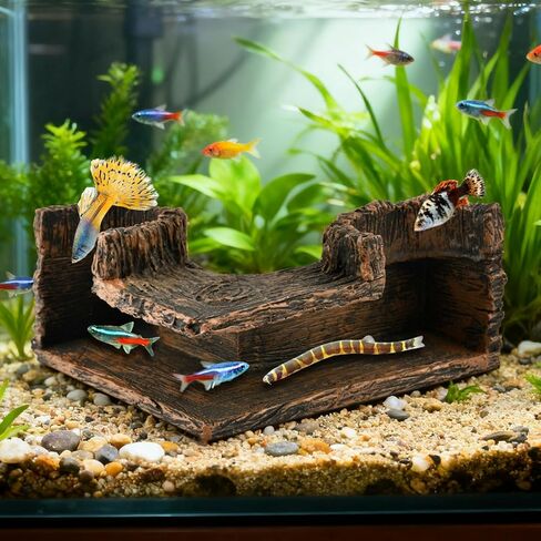Aquarium Cave Underground Resin Stump Dual Hole Hideout Fish Tank Cave View Fish & Shrimp in Natural Corner Tunnel (Size:5.1×5.1×2.8") in Kuwait