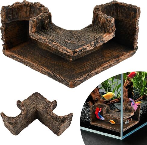 Aquarium Cave Underground Resin Stump Dual Hole Hideout Fish Tank Cave View Fish & Shrimp in Natural Corner Tunnel (Size:5.1×5.1×2.8") in Kuwait