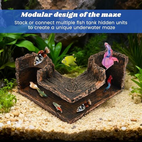 Aquarium Cave Underground Resin Stump Dual Hole Hideout Fish Tank Cave View Fish & Shrimp in Natural Corner Tunnel (Size:5.1×5.1×2.8") in Kuwait