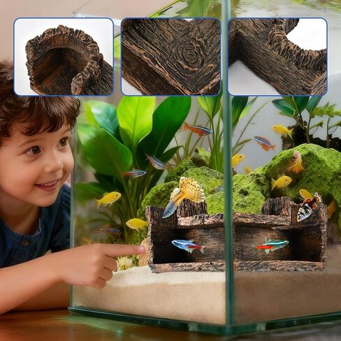 Aquarium Cave Underground Resin Stump Dual Hole Hideout Fish Tank Cave View Fish & Shrimp in Natural Corner Tunnel (Size:5.1×5.1×2.8") in Kuwait