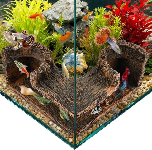 Aquarium Cave Underground Resin Stump Dual Hole Hideout Fish Tank Cave View Fish & Shrimp in Natural Corner Tunnel (Size:5.1×5.1×2.8") in Kuwait