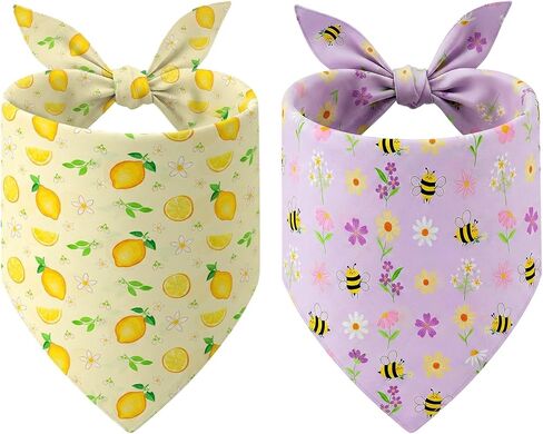 2Pcs Spring Dog Bandana Lemon and Bee Pattern Pet Scarf Double-Layer Reversible Triangle Bandana Adjustable Fit Cute Bandanas for Medium Large Dogs Pets (Large, Summer) in Kuwait