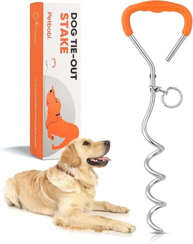 Petbobi Dog Tie Out Stake - 16″ Heavy Duty Dog Anchor for Yard Camping, 9mm Solid Steel, Soft Grip Handle Spiral Stake with No Tangle Connect Ring for Small to Large Pets Up to 120lbs, Orange in Kuwait