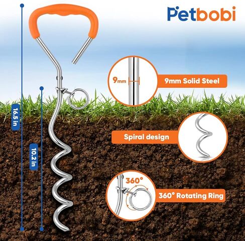 Petbobi Dog Tie Out Stake - 16″ Heavy Duty Dog Anchor for Yard Camping, 9mm Solid Steel, Soft Grip Handle Spiral Stake with No Tangle Connect Ring for Small to Large Pets Up to 120lbs, Orange in Kuwait