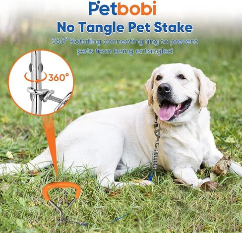 Petbobi Dog Tie Out Stake - 16″ Heavy Duty Dog Anchor for Yard Camping, 9mm Solid Steel, Soft Grip Handle Spiral Stake with No Tangle Connect Ring for Small to Large Pets Up to 120lbs, Orange in Kuwait