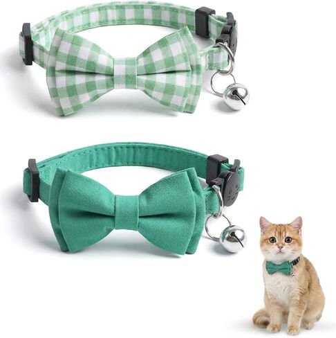 2 Pcs Green Cat Collar, Cute Bow Tie Cat Collar, Adjustable Cat Collar Tie with Bell, Safety Breakaway Pet Collar for Cats in Kuwait