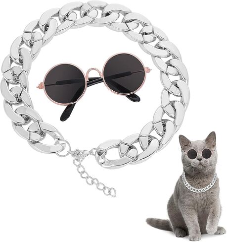 Molain Cat النظارات الشمسية سلسلة ذهبية زي الزينة - القط حماية من الأشعة فوق البنفسجية الكلاسيكية الرجعية جرو الرجعية السوداء النظارات الشمسية فو الفضة قابل للتعديل سلسلة تأثيري زي بارد مضحك صور الدعائم in Kuwait