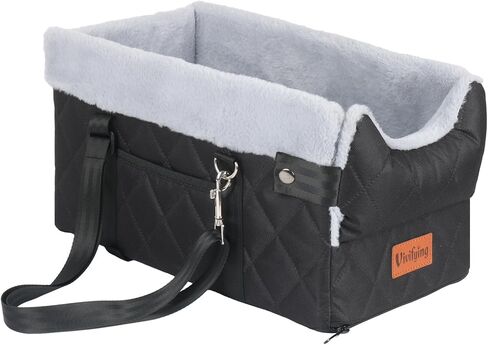 Vivifying Center Console Dog Car Seat for Small Dogs Up to 10 lbs, Plush Pet Booster Seat with Safety Leash, Adjustable Straps, Storage Pocket, Portable Car Seat for Puppies, Black & Grey in Kuwait