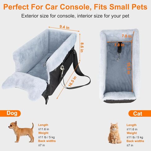 Vivifying Center Console Dog Car Seat for Small Dogs Up to 10 lbs, Plush Pet Booster Seat with Safety Leash, Adjustable Straps, Storage Pocket, Portable Car Seat for Puppies, Black & Grey in Kuwait