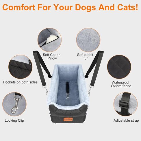 Vivifying Center Console Dog Car Seat for Small Dogs Up to 10 lbs, Plush Pet Booster Seat with Safety Leash, Adjustable Straps, Storage Pocket, Portable Car Seat for Puppies, Black & Grey in Kuwait