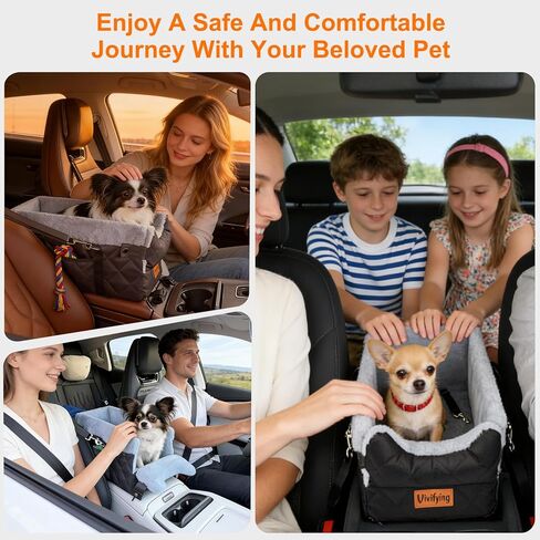 Vivifying Center Console Dog Car Seat for Small Dogs Up to 10 lbs, Plush Pet Booster Seat with Safety Leash, Adjustable Straps, Storage Pocket, Portable Car Seat for Puppies, Black & Grey in Kuwait