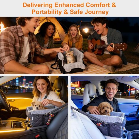 Vivifying Center Console Dog Car Seat for Small Dogs Up to 10 lbs, Plush Pet Booster Seat with Safety Leash, Adjustable Straps, Storage Pocket, Portable Car Seat for Puppies, Black & Grey in Kuwait