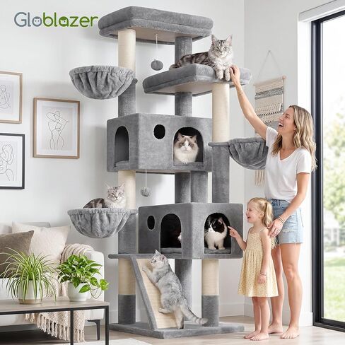 شجرة قطط كبيرة من Globlazer، برج تسلق للقطط بطول 72 بوصة للقطط البالغة الكبيرة في الأماكن المغلقة، بيت شجرة أثاث متعدد المستويات مع مجثمين مريحين، شقتين مبطنتين، 5 أعمدة خدش من السيزال، F72G، رمادي فاتح in Kuwait