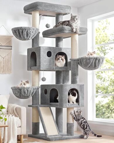 Globlazer Large Cat Tree, 72 inch Tall Cat Climbing Tower for Indoor Large Adult Cats Multi-Level Furniture Tree House with 2 Cozy Perches, 2 Padded Condos, 5 Sisal Scratching Posts, F72G, Light Grey in Kuwait