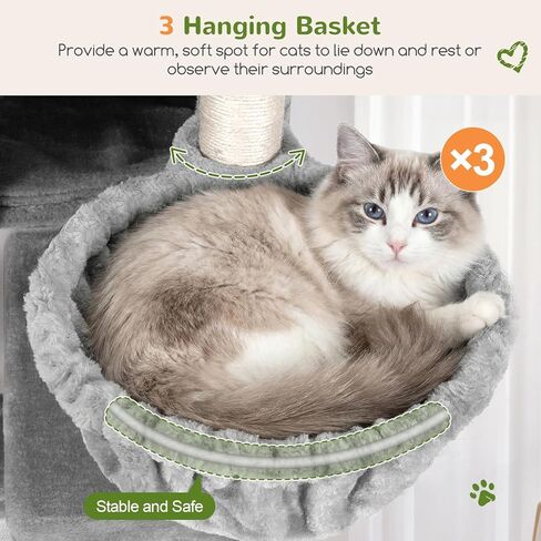 Globlazer Large Cat Tree, 72 inch Tall Cat Climbing Tower for Indoor Large Adult Cats Multi-Level Furniture Tree House with 2 Cozy Perches, 2 Padded Condos, 5 Sisal Scratching Posts, F72G, Light Grey in Kuwait