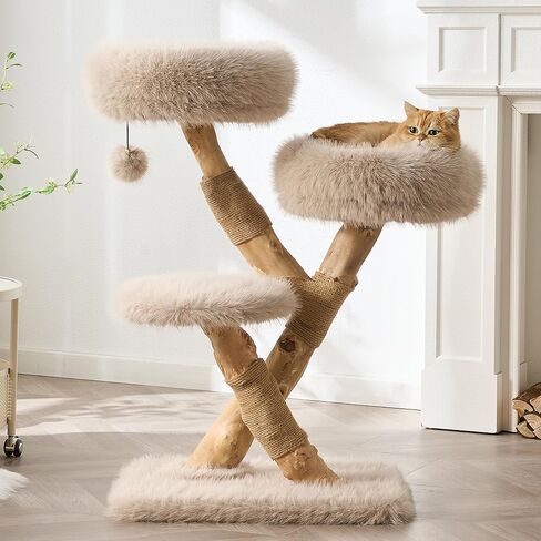 38" Modern Cat Tree for Indoor Cats, Aesthetic Natural Wood Cat Tower with Branch-Style Scratching Posts, Luxury Plush Faux Fur Cat Beds with Natural Loft, Perch & Hanging Ball, Almond Khaki in Kuwait