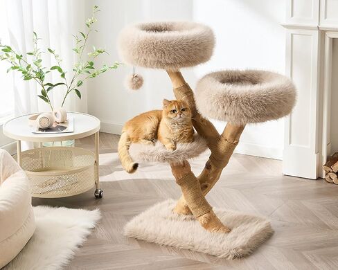 38" Modern Cat Tree for Indoor Cats, Aesthetic Natural Wood Cat Tower with Branch-Style Scratching Posts, Luxury Plush Faux Fur Cat Beds with Natural Loft, Perch & Hanging Ball, Almond Khaki in Kuwait