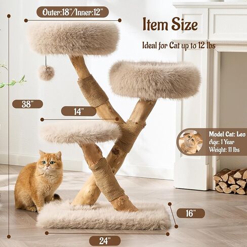 38" Modern Cat Tree for Indoor Cats, Aesthetic Natural Wood Cat Tower with Branch-Style Scratching Posts, Luxury Plush Faux Fur Cat Beds with Natural Loft, Perch & Hanging Ball, Almond Khaki in Kuwait