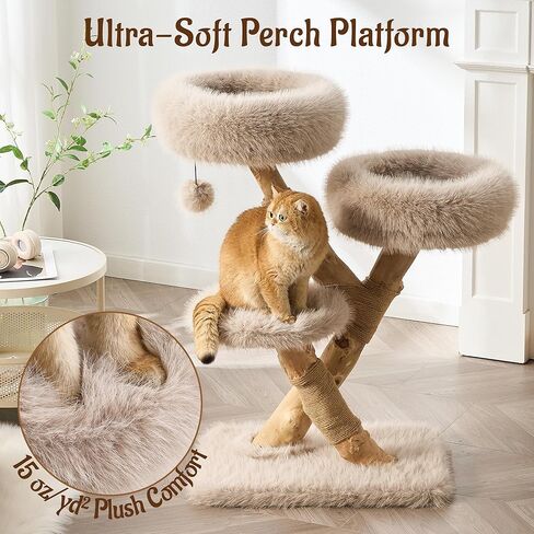 38" Modern Cat Tree for Indoor Cats, Aesthetic Natural Wood Cat Tower with Branch-Style Scratching Posts, Luxury Plush Faux Fur Cat Beds with Natural Loft, Perch & Hanging Ball, Almond Khaki in Kuwait