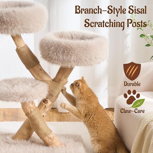 38" Modern Cat Tree for Indoor Cats, Aesthetic Natural Wood Cat Tower with Branch-Style Scratching Posts, Luxury Plush Faux Fur Cat Beds with Natural Loft, Perch & Hanging Ball, Almond Khaki in Kuwait