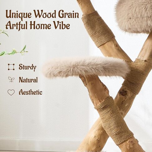 38" Modern Cat Tree for Indoor Cats, Aesthetic Natural Wood Cat Tower with Branch-Style Scratching Posts, Luxury Plush Faux Fur Cat Beds with Natural Loft, Perch & Hanging Ball, Almond Khaki in Kuwait
