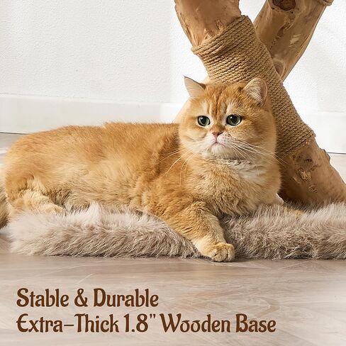 38" Modern Cat Tree for Indoor Cats, Aesthetic Natural Wood Cat Tower with Branch-Style Scratching Posts, Luxury Plush Faux Fur Cat Beds with Natural Loft, Perch & Hanging Ball, Almond Khaki in Kuwait