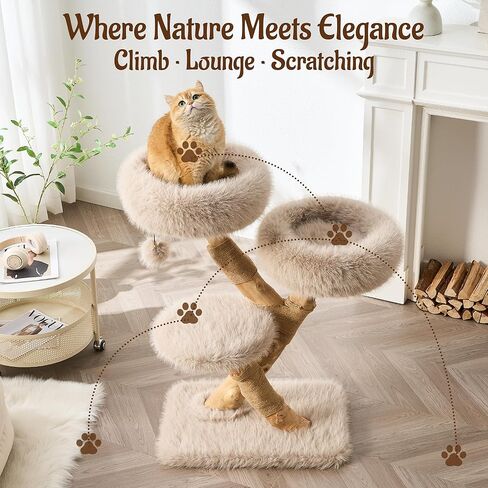 38" Modern Cat Tree for Indoor Cats, Aesthetic Natural Wood Cat Tower with Branch-Style Scratching Posts, Luxury Plush Faux Fur Cat Beds with Natural Loft, Perch & Hanging Ball, Almond Khaki in Kuwait