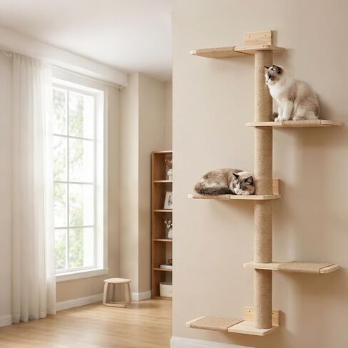 Tall Cat Tree 50inch, 4 Tier Wood Cat Tree Tower with Natural Jute Rope, Cat Wall Shelves Wall-Mounted Scratching Post Adjustable Cat Tower for Indoor Cats (4-Tier Cat Tree, Natural Jute Color) in Saudi Arabia