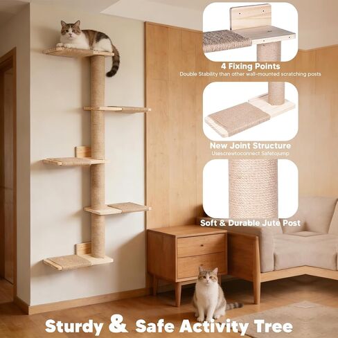Tall Cat Tree 50inch, 4 Tier Wood Cat Tree Tower with Natural Jute Rope, Cat Wall Shelves Wall-Mounted Scratching Post Adjustable Cat Tower for Indoor Cats (4-Tier Cat Tree, Natural Jute Color) in Saudi Arabia