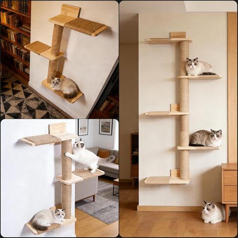 Tall Cat Tree 50inch, 4 Tier Wood Cat Tree Tower with Natural Jute Rope, Cat Wall Shelves Wall-Mounted Scratching Post Adjustable Cat Tower for Indoor Cats (4-Tier Cat Tree, Natural Jute Color) in Saudi Arabia