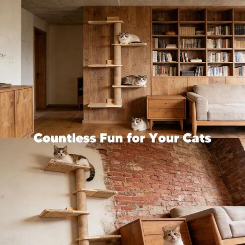 Tall Cat Tree 50inch, 4 Tier Wood Cat Tree Tower with Natural Jute Rope, Cat Wall Shelves Wall-Mounted Scratching Post Adjustable Cat Tower for Indoor Cats (4-Tier Cat Tree, Natural Jute Color) in Saudi Arabia