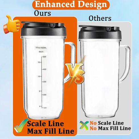 Replacement Cups For Magic Bullet Replacement Parts 22oz Blender Cups compatible with 250W Magic Bullet MB1001 MBR-0701AK (Measured Markings), Tall 22oz Cup Flip-Top Lid, Mug with Handle in Kuwait