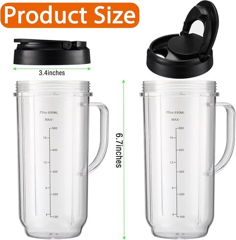 Replacement Cups For Magic Bullet Replacement Parts 22oz Blender Cups compatible with 250W Magic Bullet MB1001 MBR-0701AK (Measured Markings), Tall 22oz Cup Flip-Top Lid, Mug with Handle in Kuwait