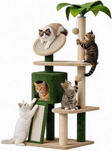 Erinnyees 57" Multi-Level Cat Tower with Hammock, Coconut Cat Tree with Green Leaves, Plush Cat House with Hang Ball Toy and Sisal Scratching Posts Furniture, Green in Kuwait