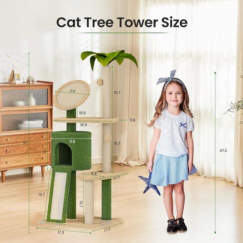 Erinnyees 57" Multi-Level Cat Tower with Hammock, Coconut Cat Tree with Green Leaves, Plush Cat House with Hang Ball Toy and Sisal Scratching Posts Furniture, Green in Kuwait