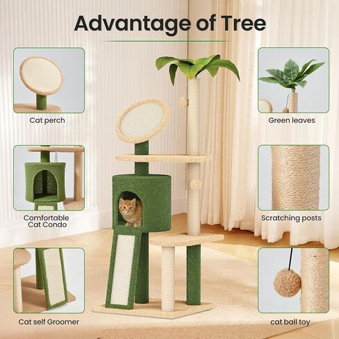 Erinnyees 57" Multi-Level Cat Tower with Hammock, Coconut Cat Tree with Green Leaves, Plush Cat House with Hang Ball Toy and Sisal Scratching Posts Furniture, Green in Kuwait