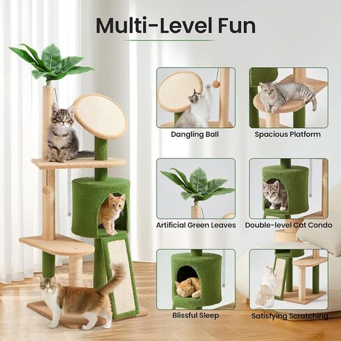 Erinnyees 57" Multi-Level Cat Tower with Hammock, Coconut Cat Tree with Green Leaves, Plush Cat House with Hang Ball Toy and Sisal Scratching Posts Furniture, Green in Kuwait