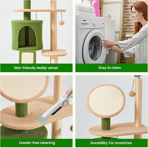 Erinnyees 57" Multi-Level Cat Tower with Hammock, Coconut Cat Tree with Green Leaves, Plush Cat House with Hang Ball Toy and Sisal Scratching Posts Furniture, Green in Kuwait